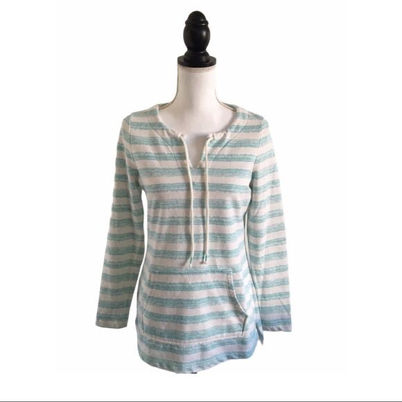 Sonoma Striped Pullover Lace Up Sweatshirt Mint Green & Ivory Women’s US Small - Picture 1 of 4